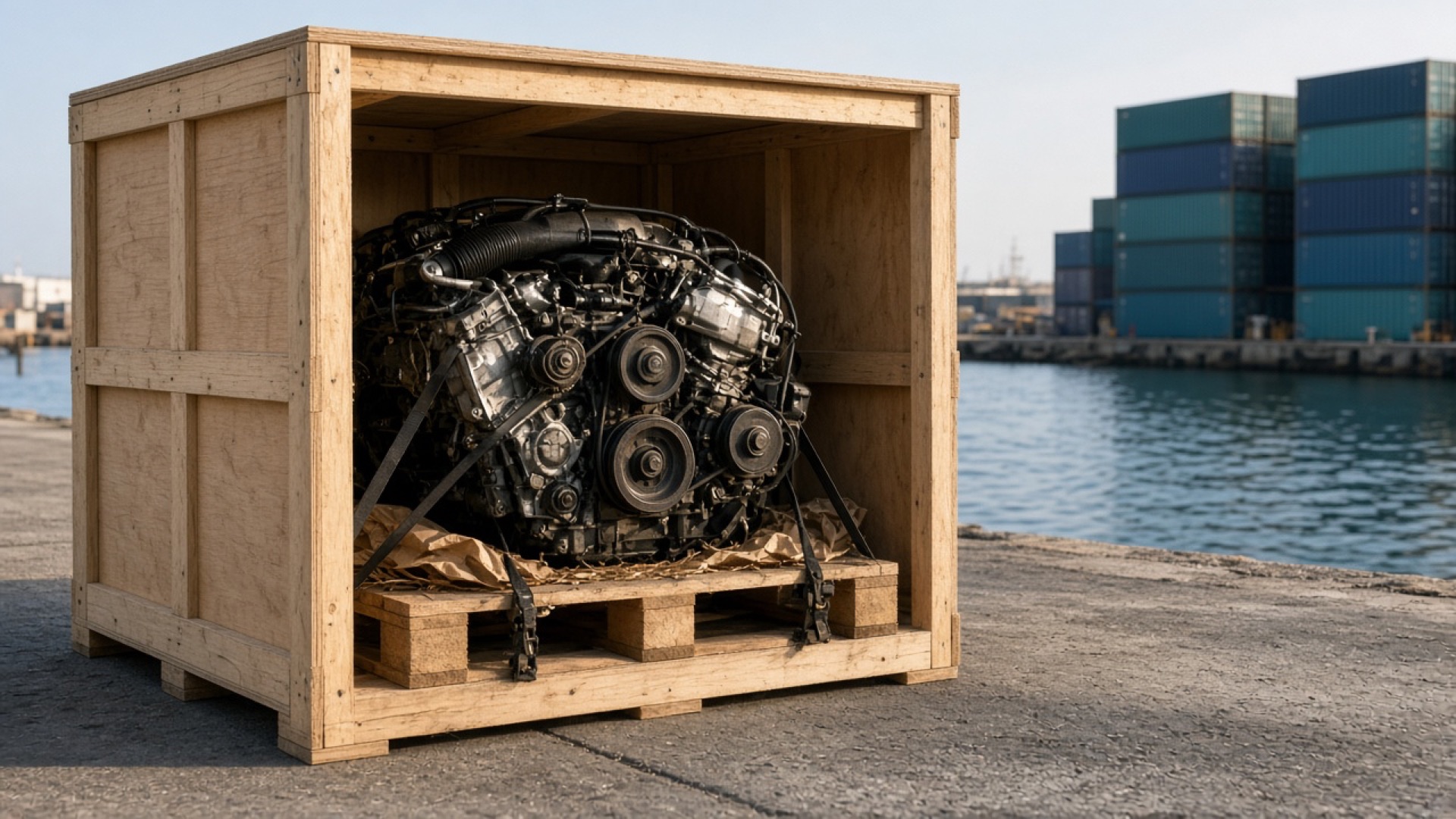 A used BMW motor packed in a strong wooden crate at the harbour