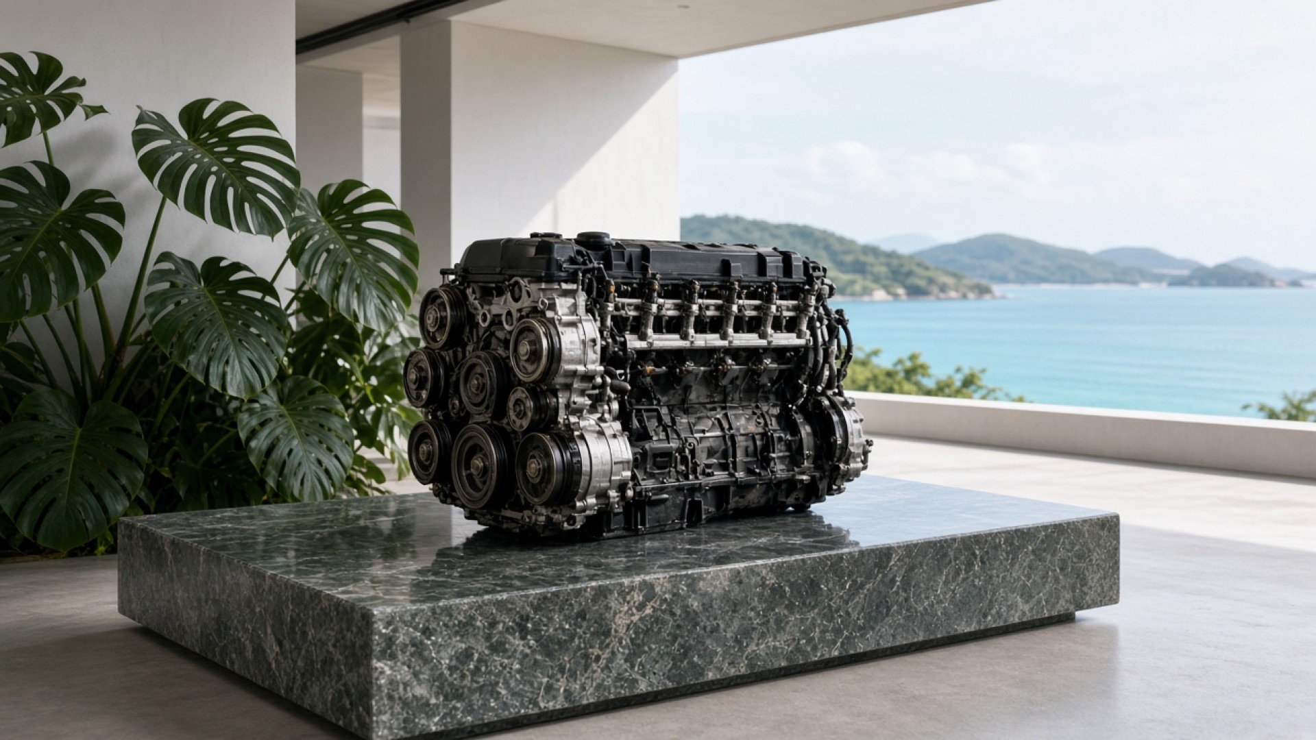 A used BMW diesel motor on a stone stand by the sea