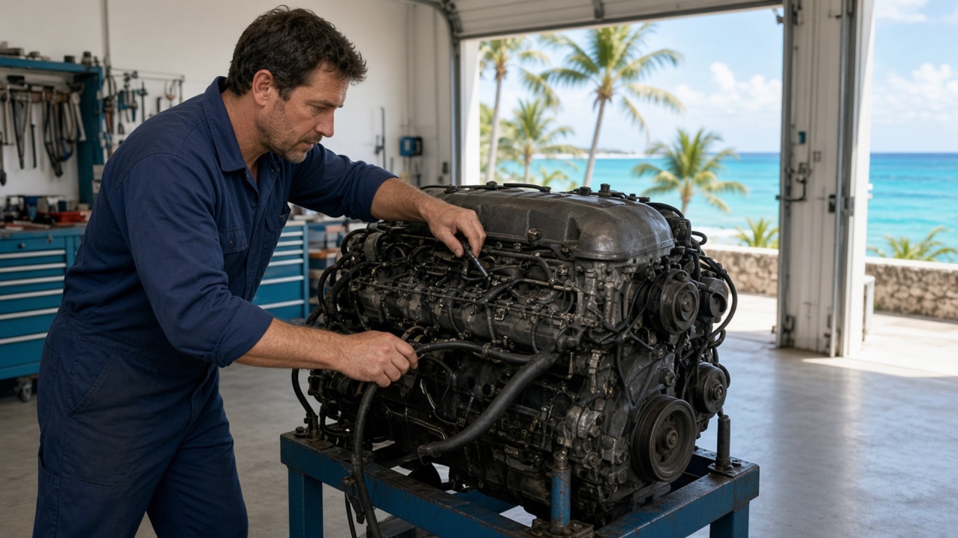 A complete engine standing in the workshop
